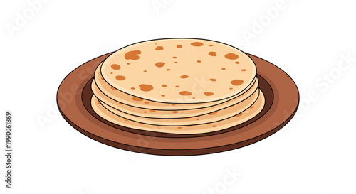 Stack of round flatbreads on a brown plate isolated on a white background, food