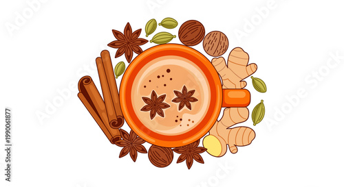 View of a cup of masala chai tea surrounded by spices on a white background