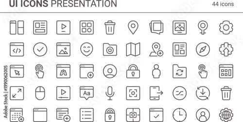 UI Icons Presentation Outline Set with Interface Elements Controls Media Communication and Digital Tools for Apps and Websites