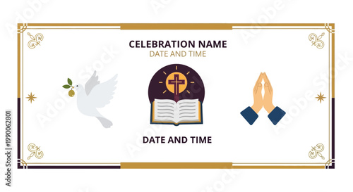 Religious Invitation Template: Dove, Bible, Prayer Hands, Cross for Baptism, Christening, Wedding