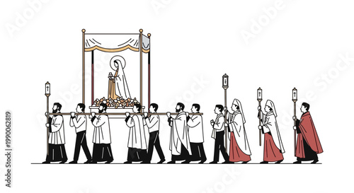 Religious Procession: People Carrying Statue of Virgin Mary Under Canopy