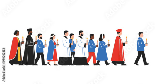 Religious Procession with Candles, Diverse Clergy and Congregation
