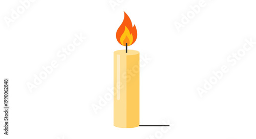 Single lit candle with bright flame on white background, isolated object