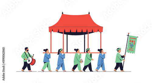 Traditional Asian Procession with Palanquin and Drummer