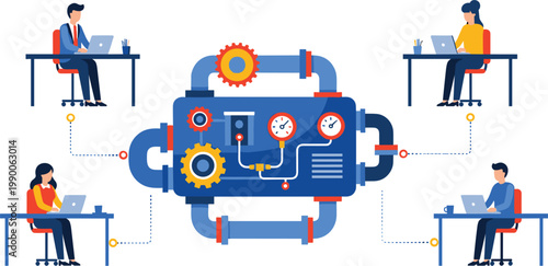 AI and Technology Workflow Icon Set Featuring Collaborative Teamwork, Automation, Gears, and System Integration for Websites and Digital Media Designs