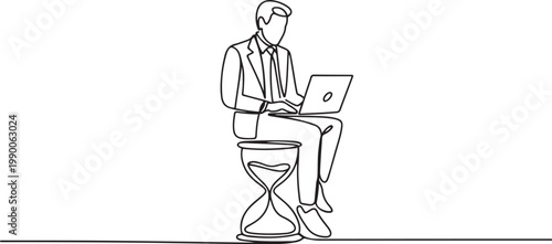 Illustration of businessman sitting on the hourglass with laptop legs crossed. one line art icon drawing vector