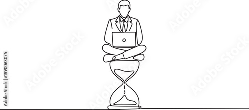 Illustration of businessman sitting on the hourglass with laptop legs crossed. one line art icon drawing vector