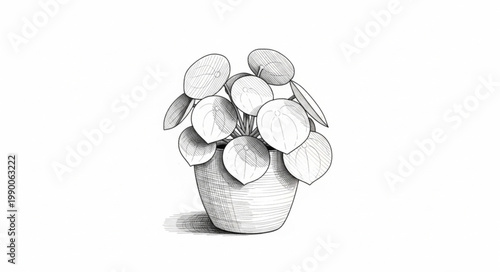 Potted Chinese Money Plant Sketch Illustration.