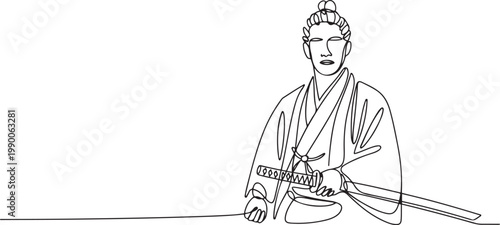 Hand drawn continuous line illustration of a Japanese man wearing a traditional kimono and sword. one line art icon drawing vector