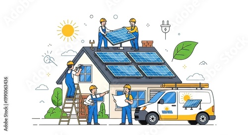 Solar Panel Installation Team Working Together.