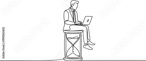 Illustration of businessman sitting on the hourglass with laptop legs crossed. one line art icon drawing vector