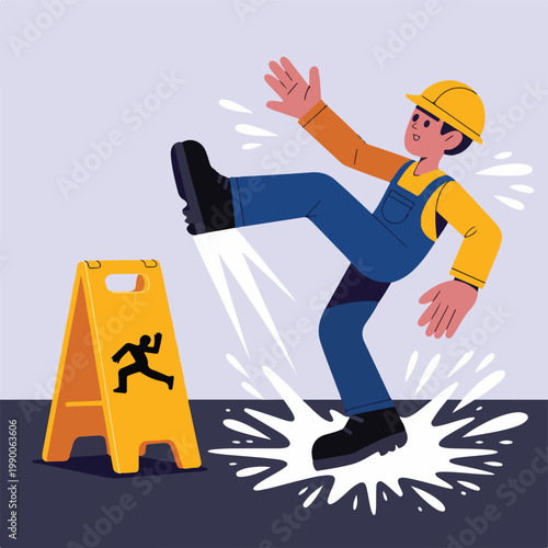 Worker Slipping on Wet Floor