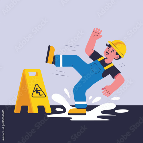 Worker Slipping on Wet Floor