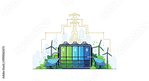 Sustainable energy system with solar panels.