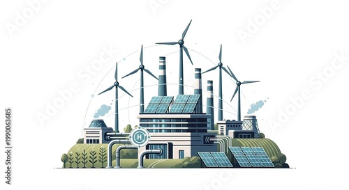 Sustainable industrial factory with wind turbines.