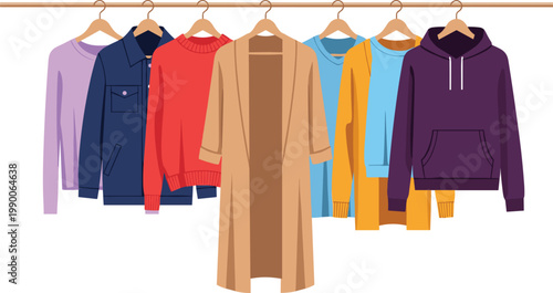 Casual Clothing Collection on Rack with Hoodie Trench Coat Sweaters and Jacket for Fashion Retail Wardrobe Organization and Apparel Shopping Design