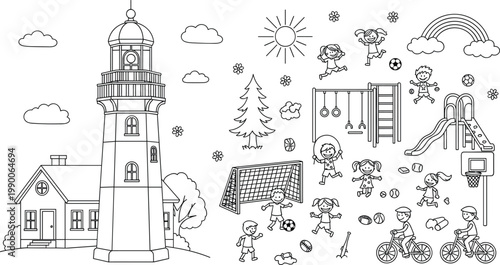 Children's Playground and Outdoor Activity Icon Set Featuring Sports, Play Equipment, and Fun Activities for Kids' Websites and Designs
