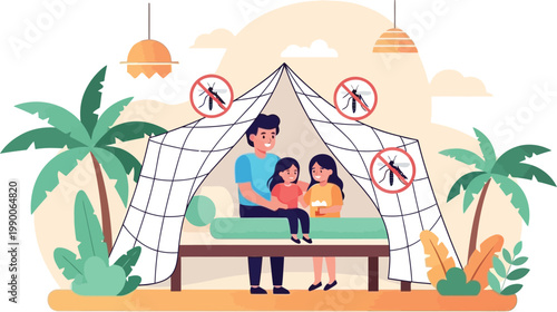 Family Resting in Mosquito Net: A family finds respite and safety inside a mosquito net. They create a peaceful haven against insects, embodying comfort and protection.