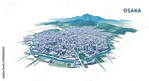 Isometric 3D city map illustration of Osaka with mountains