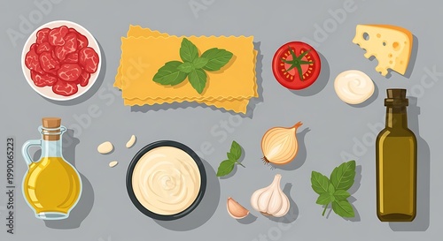 Ingredients for making homemade lasagna flat lay illustration