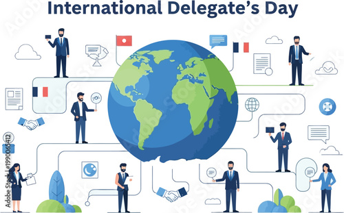 Global Delegation Network: Illustrated representation of a global network of international delegates, each connected by threads, highlighting diplomacy, collaboration and global unity. 