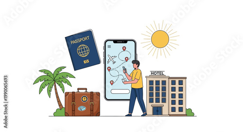 An illustration shows a man using a mobile app for vacation booking and early summer travel planning, set against a clean white background with a suitcase, passport, hotel building, palm