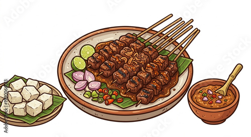Traditional Grilled Meat Satay with Peanut Sauce Illustration