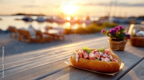 Fresh Lobster Roll on Wooden Table with Sunset Overlooking Boats and Relaxing Outdoor Scene
