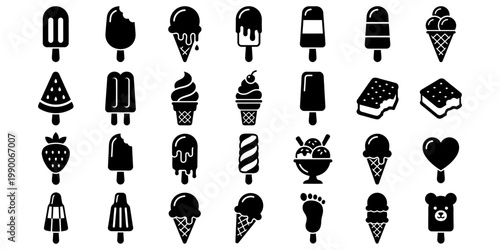 Minimal ice cream icon pack with various popsicles, cones, and desserts. Clean black vector style ideal for branding, stickers, and digital graphics.