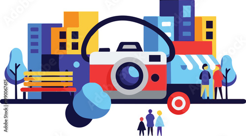 A vibrant city scene with a giant camera and headphones on, surrounded by people, buildings, and trees.