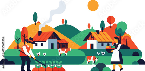 People working in a rural village landscape with animals and houses