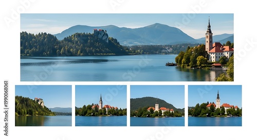 Panoramic view of a scenic alpine lake with island church and castle