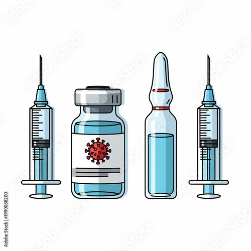 Medical vaccination kit with virus vaccine bottle glass ampoule and hypodermic syringes