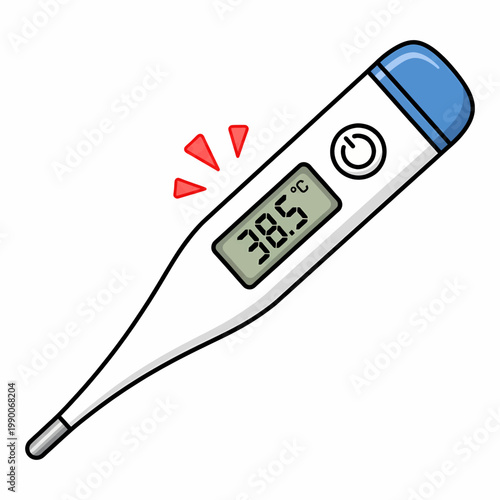Digital medical thermometer displaying high fever temperature on screen isolated on white