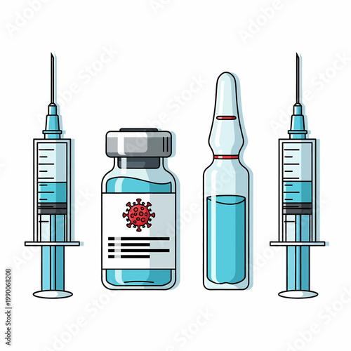 Medical vaccination kit with virus vaccine bottle glass ampoule and hypodermic syringes