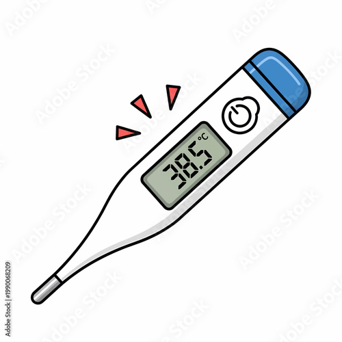 Digital medical thermometer displaying high fever temperature on screen isolated on white