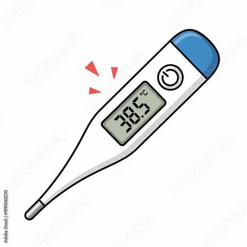 Digital medical thermometer displaying high fever temperature on screen isolated on white