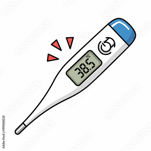 Digital medical thermometer displaying high fever temperature on screen isolated on white