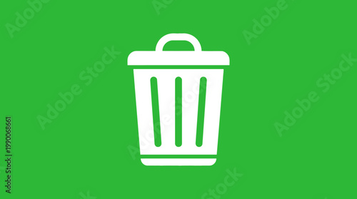 A white trash can icon on a green background represents waste.
