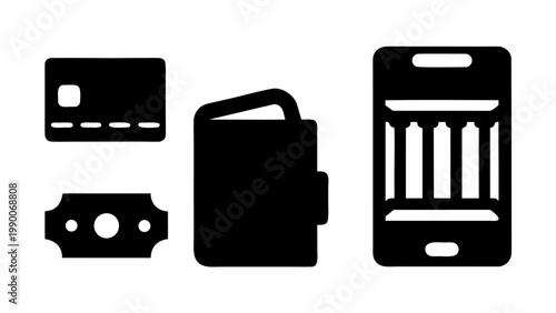 Collection of modern flat black finance icons including credit card wallet cash banknote and smartphone displaying bank building representing digital banking payment and financial