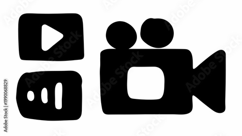 Collection of hand drawn vector icons representing video playback controls recording functions and a vintage video camera symbol for multimedia and digital content creation