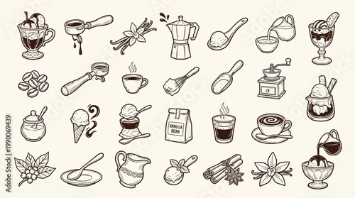 A charming collection of hand-drawn coffee and dessert illustrations, featuring various brewing tools, ingredients, and sweet treats.