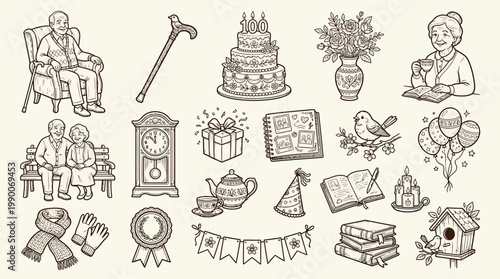 A charming collection of hand-drawn illustrations depicting elements associated with senior living, celebrations, and cozy home life.