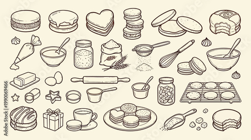 A charming hand-drawn illustration showcasing a delightful assortment of baking ingredients, tools, and finished pastries, perfect for a culinary theme.