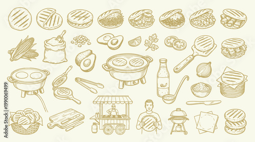 A charming hand-drawn sketch collection showcasing a variety of delicious food items and cooking implements, perfect for culinary themes.