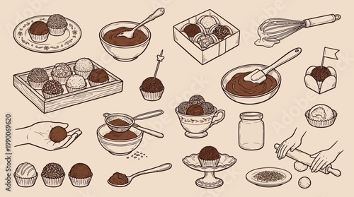 A charming hand-drawn illustration depicts the delightful process of making and enjoying chocolate truffles, showcasing various stages from preparation to presentation.