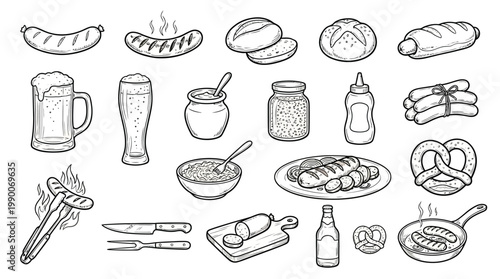 A detailed illustration of various German food and drink items, including sausages, pretzels, beer, and bread, presented in a classic sketch style.