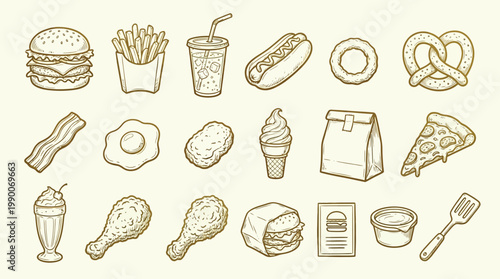 A collection of hand-drawn illustrations of various fast food items and related accessories, presented in a vintage, sepia-toned style.
