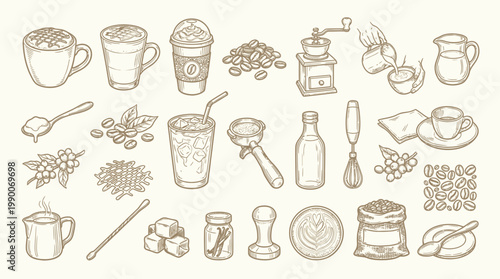 A charming hand-drawn illustration showcasing a delightful collection of coffee-related items and beverages, perfect for cafe menus and culinary art.