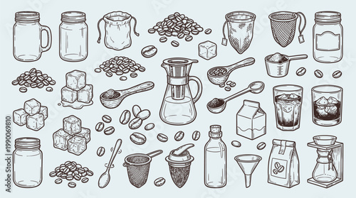 A detailed illustration showcasing various coffee-related items, including beans, brewing equipment, and serving vessels, presented in a vintage sketch style.